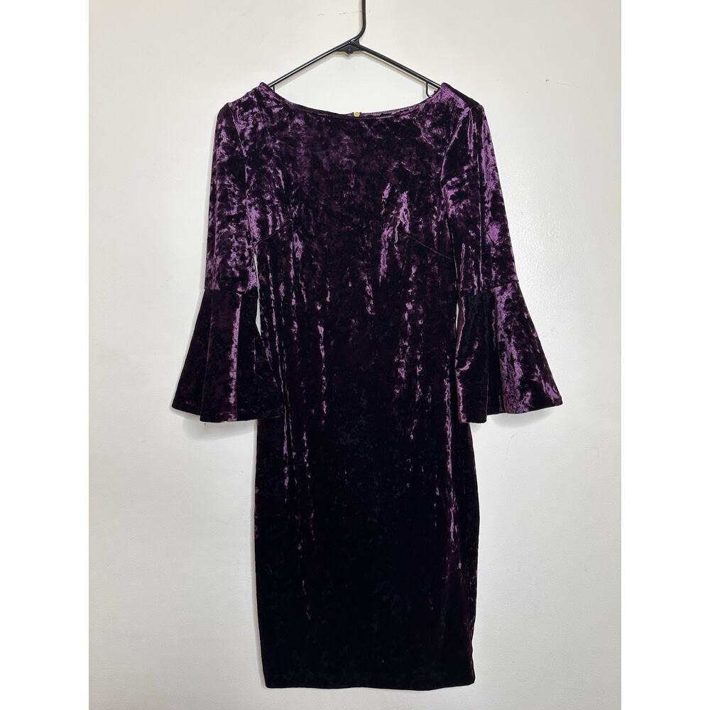 Calvin Klein Size 6 Purple Crushed Velvet Bell Sleeve Sheath Dress Zips 3/4 Slv